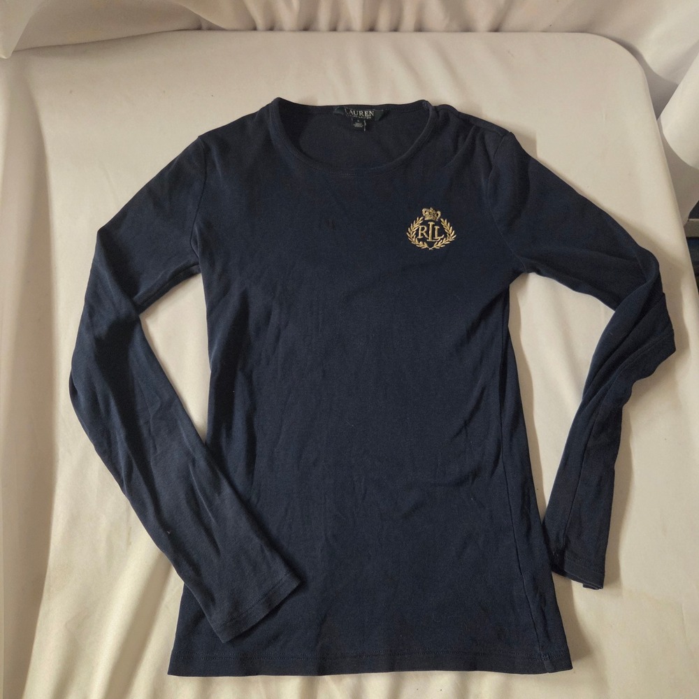Lauren Ralph Lauren Navy Blue Long Sleeve Crest Logo Tee Shirt Small